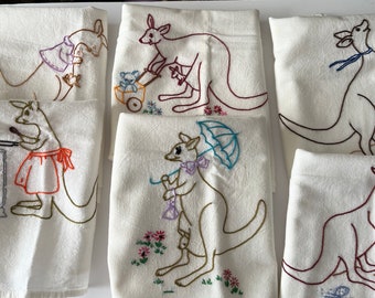 Vintage Dish Towels - Flour Sack Towels Embroidered  - Kangaroo- Set of 6