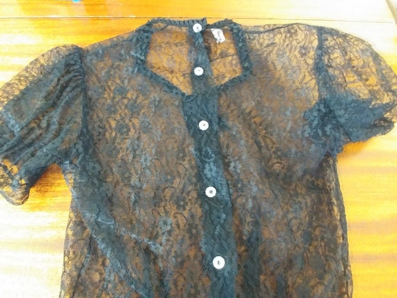 Vintage Blouse, Black Chantilly Lace,  Puffed Sle… - image 7