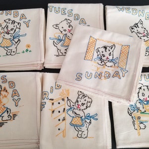 Dish Towel - NOS-Embroidered Flour Sack Tea Towel Days of the Week- Puppies