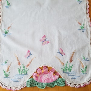 Table Runner/Dresser Scarf- Ivory Cotton- Butterflies, Cattails and Water Lily