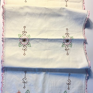 Vintage Table Runner - Beautiful Ivory Cotton with Embroidered Flowers Crochet Edging