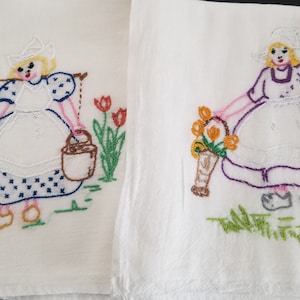 Dish Towel - Embroidered Flour Sack Tea Towel Set of 2 Dutch Girls