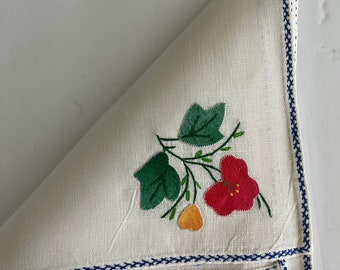 Vintage Napkins - White Linen with Pink Applique & Blue Edging