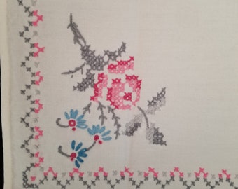 Vintage Napkin Cotton with Floral Cross-Stitch Set of 8