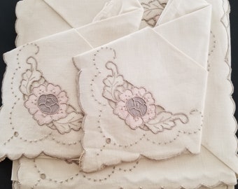 Vintage Tablecloth - (NOS) Madeira Ivory, Pink Linen Tablecloth and Napkins with Beautiful Embroidered Cutwork