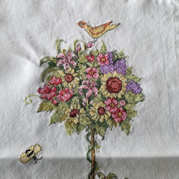 Vintage Handmade Cross Stitch Design with a Topiary with Clusters of Fruit and Flowers with a Pottery Base