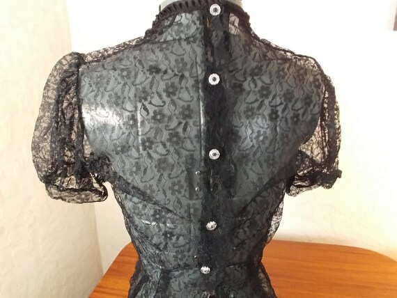 Vintage Blouse, Black Chantilly Lace,  Puffed Sle… - image 5