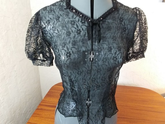 Vintage Blouse, Black Chantilly Lace,  Puffed Sle… - image 1