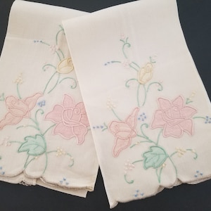 Towels - Vintage Natural Linen Hand Towels with Beautiful Pink Embroidery, Applique