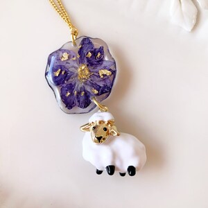 Sheep necklace, Sheep gift for women, Lamb necklace, Pressed flower necklace
