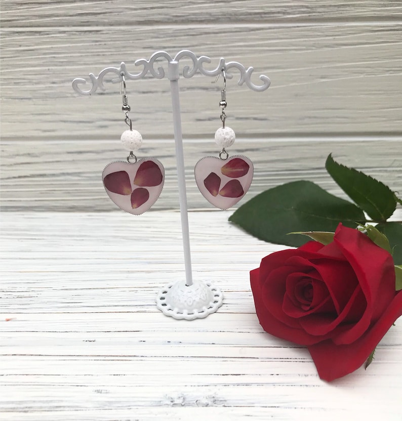 Aromatherapy earrings Real rose petals earrings lava stones