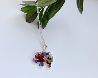 Real flowers Elephant necklace, Flower necklace, Open bezel, Mothers Day gift, Sterling silver 925 necklace