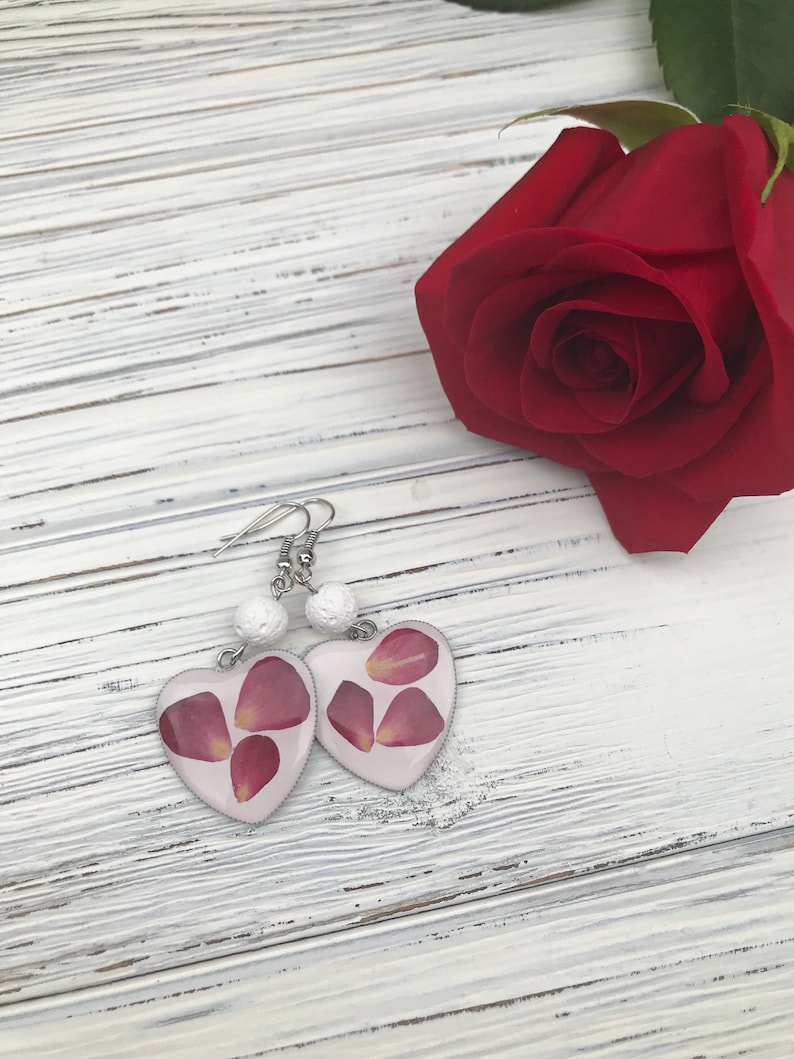 Aromatherapy earrings Real rose petals earrings lava stones