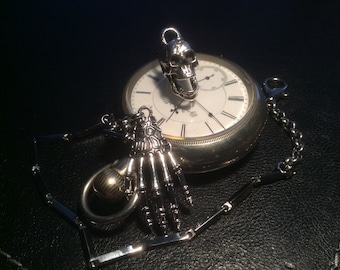 Memento Mori Pocket Watch Chain With Skeleton Hand And Skull Fob