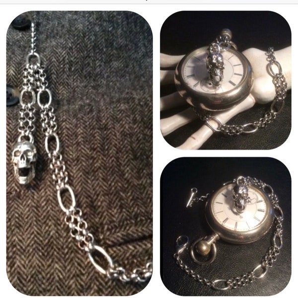 Memento mori physician pocket watch chain with anatomical skull fob and key bar