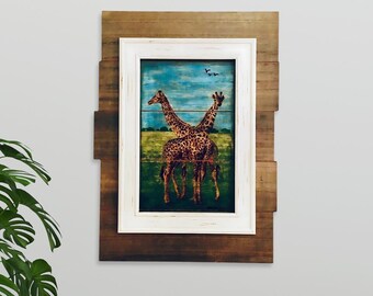 Original Giraffe Pyrography with Watercolor – Framed Wood Burning Art – 14x18.75 - Girafffe's Friendship