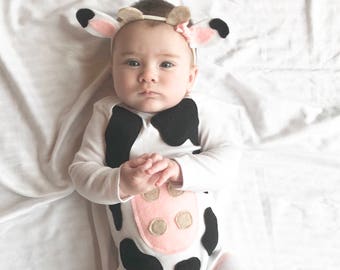 Baby Girl Halloween Cow Costume outfit with a stretchy headband with Bow baby elastic headband cow costume