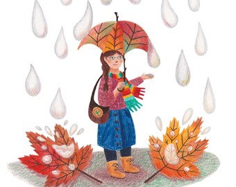 Autumn Rain Art Print - Giclee Print - Fairy Folk, Fall Art - Wall Art For Living Room, Library, Bedroom