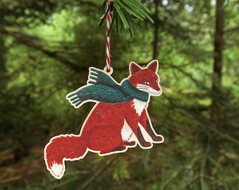 Fox In Scarf Wooden Decoration / Woodland Animal / Christmas Tree Ornament / Winter Gift / Holiday Stocking Filler