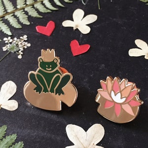 Frog Prince & Lily Pin Set/ Frog Enamel Pin / Valentines Gift / Gold Frog Waterlily Brooch / Stocking Filler / Coral Peach Heart Rubber Pin image 8