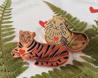 Set of 2 Big Cat Pins / Lion & Tiger Enamel Pin / Valentines Gift / Animal Brooch / Stocking Filler / Red Heart Rubber Pin