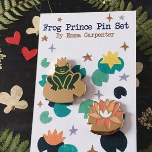 Frog Prince & Lily Pin Set/ Frog Enamel Pin / Valentines Gift / Gold Frog Waterlily Brooch / Stocking Filler / Coral Peach Heart Rubber Pin image 4