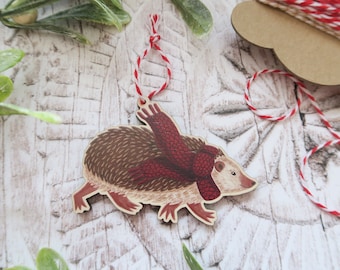 Hedgehog Wooden Decoration / Woodland Animal / Christmas Tree Ornament / Winter Gift / Holiday Stocking Filler