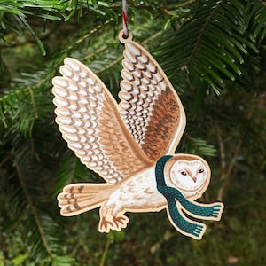 Barn Owl In Scarf Wooden Decoration / Woodland Animal / Christmas Tree Ornament / Winter Gift / Holiday Stocking Filler