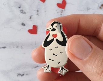 Loved Up Penguin Pin / Silver Penguin Enamel Pin / Valentines Gift / Animal Lovers Brooch / Stocking Filler / Red Heart Rubber Pin