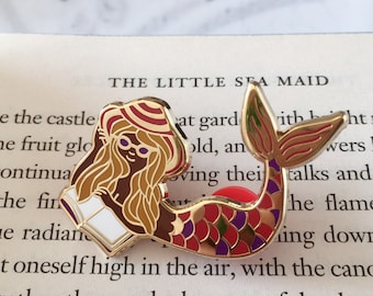 Cerise Mermaid Reader Hard Enamel Pin / Mermay / Bookish Gift / Book Lover / Dark Skin Red Tail