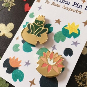 Frog Prince & Lily Pin Set/ Frog Enamel Pin / Valentines Gift / Gold Frog Waterlily Brooch / Stocking Filler / Coral Peach Heart Rubber Pin image 7