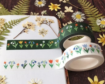 Floral Washi Tape / Cute Flower Paper Tape / Spring Garden Plants Tulips Bluebells / Scrapbooking Journaling Craft Tape