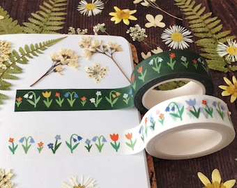 Floral Washi Tape / Cute Flower Paper Tape / Spring Garden Plants Tulips Bluebells / Scrapbooking Journaling Craft Tape