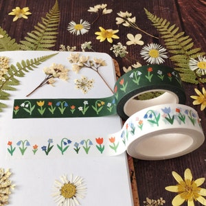 Floral Washi Tape / Cute Flower Paper Tape / Spring Garden Plants Tulips Bluebells / Scrapbooking Journaling Craft Tape