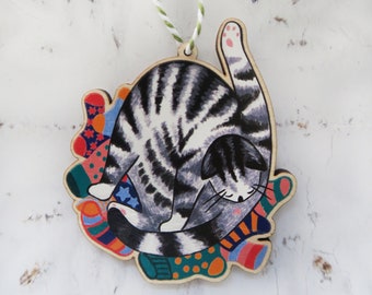 Grappige kat wasdecoratie/houten hangende ornament/cadeau voor kattenliefhebbers