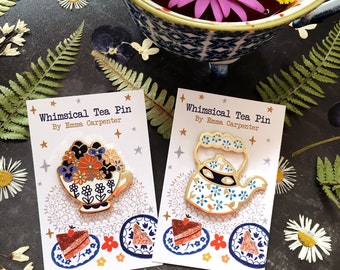 Set of 2 Whimsical Tea Enamel Pins / Magical Teapot Pin / Floral Teacup Pin / Tea Brooch / Gift for Tea Lovers / Tea Gift / Stocking Filler