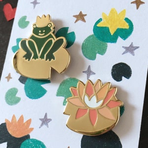 Frog Prince & Lily Pin Set/ Frog Enamel Pin / Valentines Gift / Gold Frog Waterlily Brooch / Stocking Filler / Coral Peach Heart Rubber Pin image 5