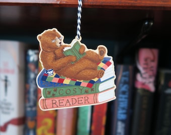Cosy Book Bear Decoration / Wooden Hanging Ornament / Bookish Gift Cozy Reader