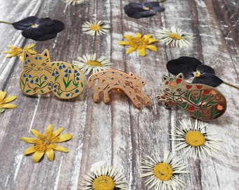 Set Of 3 Floral Cat Pins /Bluebell Cat / Tulip Cat / Daisy Cat / Cat Enamel Pin / Gifts For Cat Lovers