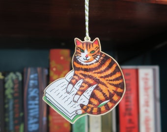 Cat Sitting On Book Decoration / Wooden Hanging Ornament / Gift For Cat Lovers