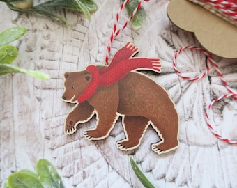 Brown Bear In Scarf Wooden Decoration / Woodland Animal / Christmas Tree Ornament / Winter Gift / Holiday Stocking Filler
