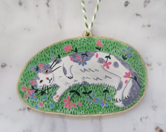 Garden Cat Decoration / Wooden Hanging Ornament / Gift For Cat Lovers