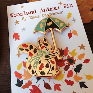 Squirrel With Umbrella Enamel Pin / Woodland Animal Pin / Cosy Season Autumn Fall / Christmas Holiday / Stocking Filler / Squirrel Pin