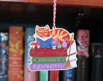 Magical Book Cat Decoration / Wooden Hanging Ornament / Bookish Gift Cosy Fantasy Reader