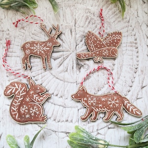 Set of 4 Gingerbread Animal Wooden Decorations / Christmas Tree Ornament / Winter Gift / Holiday Stocking Filler
