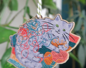 Cat On Knitting Decoration / Wooden Hanging Ornament / Gift For Cat Lovers