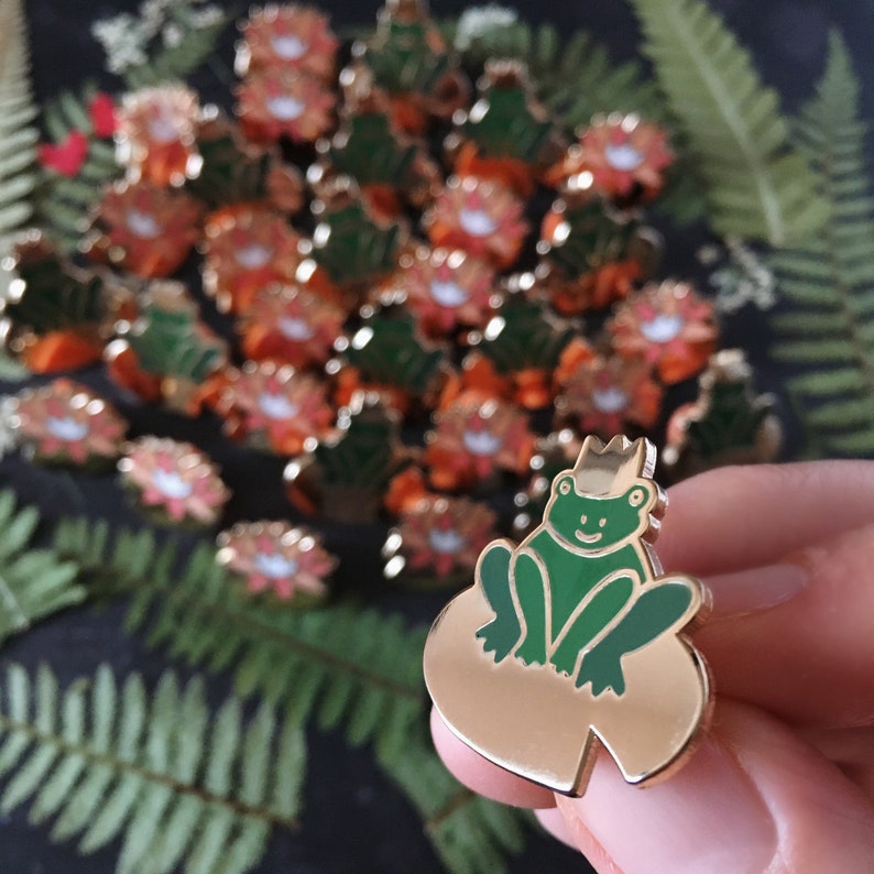 Frog Prince & Lily Pin Set/ Frog Enamel Pin / Valentines Gift / Gold Frog Waterlily Brooch / Stocking Filler / Coral Peach Heart Rubber Pin image 9