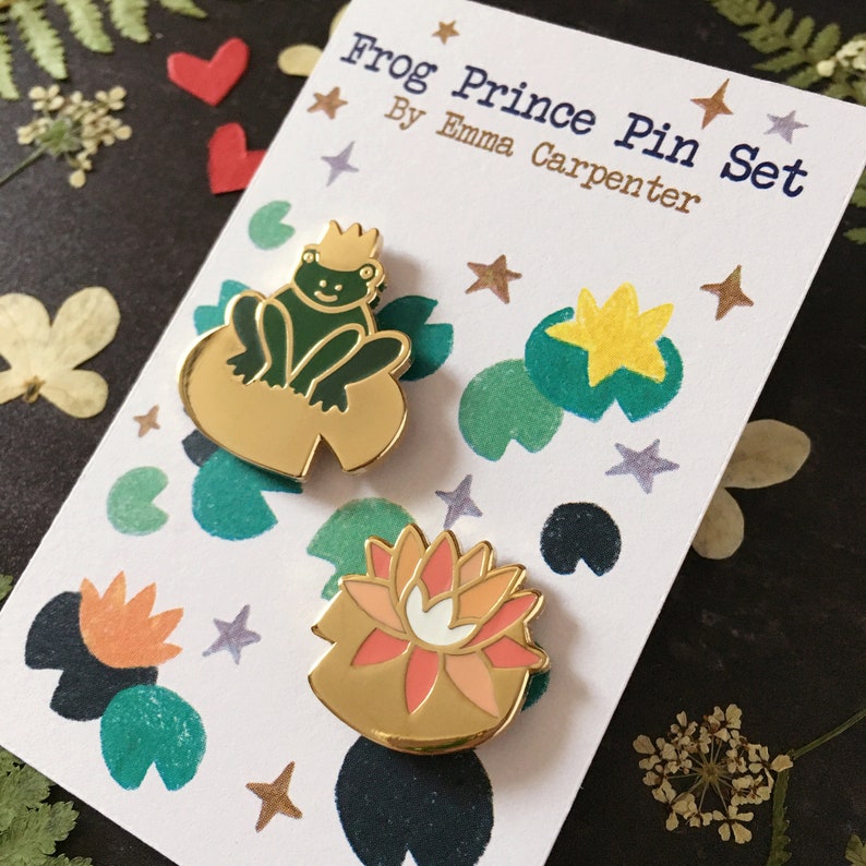 Frog Prince & Lily Pin Set/ Frog Enamel Pin / Valentines Gift / Gold Frog Waterlily Brooch / Stocking Filler / Coral Peach Heart Rubber Pin image 7