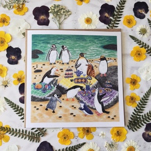 Pingouin Tea Party - carte de voeux / carte vierge / carte illustrée fantaisiste