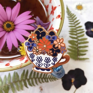 Floral Teacup Enamel Pin / Whimsical Tea Pin / Tea Brooch / Gift for Tea Lovers / Tea Gift / Stocking Filler